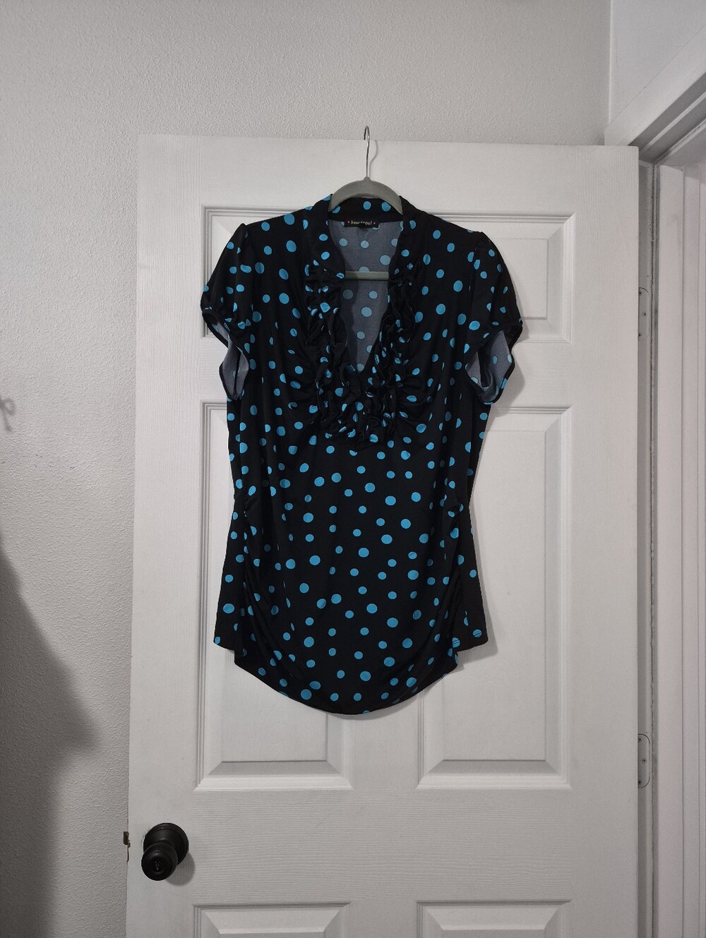 Y2k Heartsoul Women’s Black Polka Dot Ruffle Blouse - Blue Dots